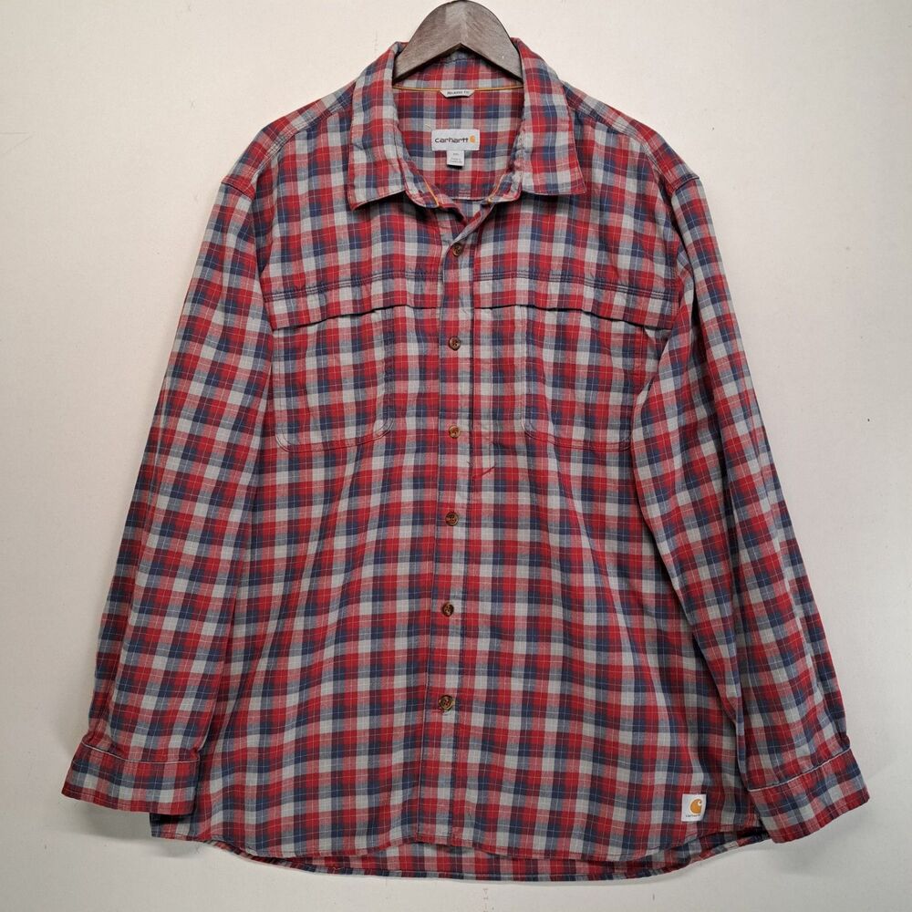 Carhartt Force Shirt Mens 2XL Regular Relaxed Fit Plaid Button Up Work Red Blue